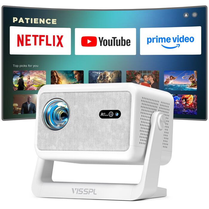Смарт-проектор VISSPL 4K Home Cinema, 1000 ANSI люмен, WiFi 6, Bluetooth, Autofokus, Trapezoidна корекція, Full HD 1080P для дому та вулиці, Білий