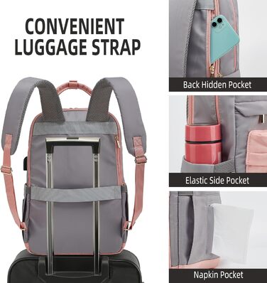Жіночий рюкзак YTL Elegant для ноутбука 15,6'' – рожево-сірий, міський, для підлітків, школярів, подорожей, навчання, роботи