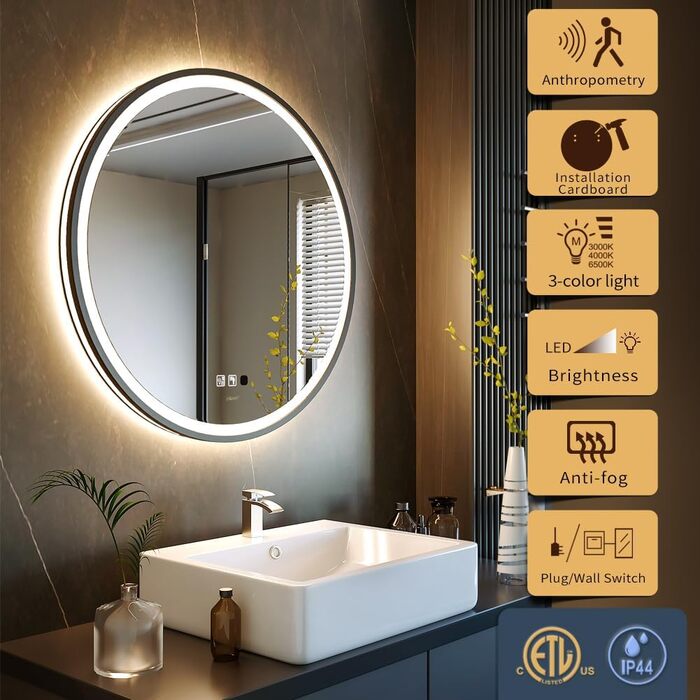 Дзеркало з LED-підсвіткою, кругле, з датчиком руху, для макіяжу, регульоване, антизапар, водонепроникне IP44, для ванної кімнати, настінне, діаметр 90 см