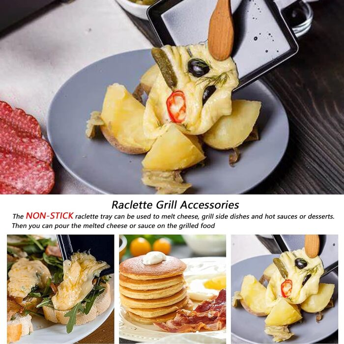 QcuGvy Poelon Raclette Carré, 4 шт. антипригарних міні-сковорідок для раклету з дерев'яними лопатками, ізольована ручка, для омлетів та плавленого сиру
