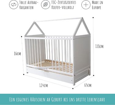 Дитяче ліжечко Kids Collective 60x120 см з матрацом і шухлядою, біле, дерев'яне, трансформер, регульоване дно, для немовлят