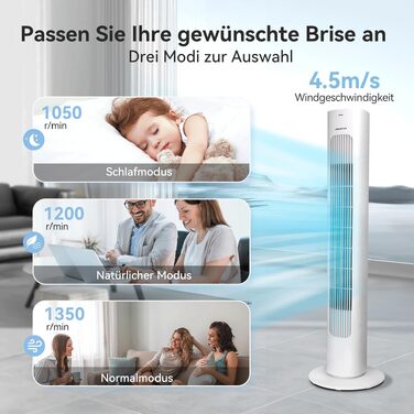 Вентилятор Tower Aigostar Turmventilator з пультом, 70° осциляція, таймер 7 год, 3 режими/швидкості, енергоефективний, 2 шт.
