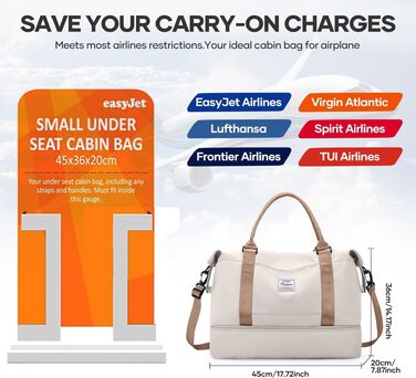 Жіноча дорожня сумка SEAFEW для ручної поклажі Easyjet (45x36x20 см, 32л), спортивна сумка для подорожей, бежево-коричнева