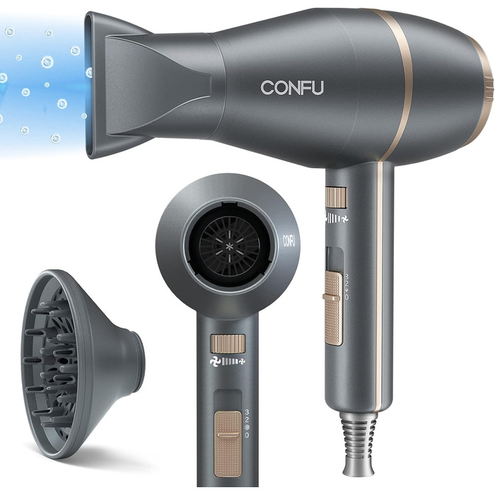 Професійний фен для волосся CONFU 2200W з дифузором, іонізацією, 3 температури, AC мотор, насадки, сірий