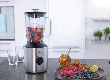 Блендер Braun PowerBlend 3 JB 3272, 1,5 л, скляна чаша, 800 Вт, нерж. сталь/чорний, з 2 пляшками Smoothie2Go, кухонний міксер для подрібнення, пюрування та змішування