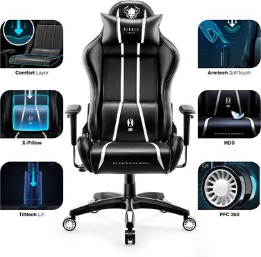 Ігрове крісло Diablo X-One 2.0, ергономічне, регульовані підлокітники, подушки для шиї та попереку, механізм гойдання, офісне, чорне-біле, розмір XL