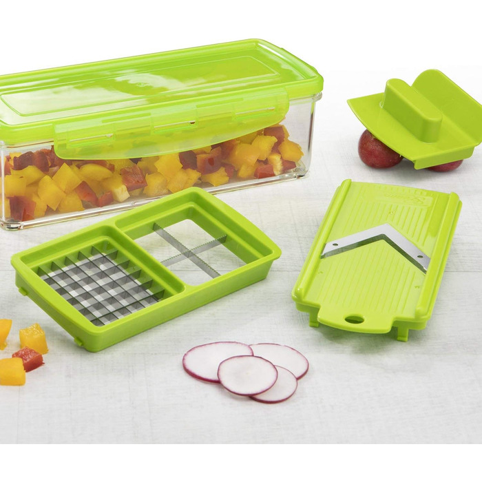 Овочерізка Genius Nicer Dicer Smart 13 в 1, багатофункціональна мандоліна для нарізки, шинкування, кубиків, соломки, чистки та зберігання овочів і фруктів, kiwi-зелений колір