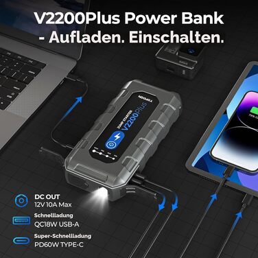 Пусковий пристрій TOPDON V2200 Air Jump Starter з компресором 150 PSI, бустер для авто (бензин 8L, дизель 6L), павербанк 2200А з LED-ліхтарем