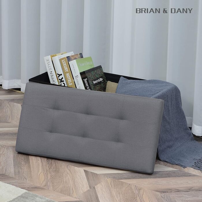BRIAN & DANY складаний пуф-сидіння з лляною оббивкою та ящиком для зберігання, темно-сірий, 76×38×38 см