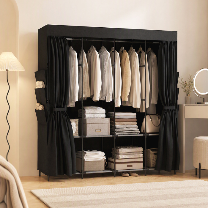 Тканинна шафа для одягу, пилозахисна, портативна, 5 штанги, 170 x 45 x 167 см, чорна