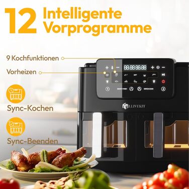 Аерофритюрниця LLIVEKIT 9L з двома камерами (4.5L+4.5L) та вікном перегляду, мультипіч 9-в-1 з сенсорним керуванням та таймером, чорна