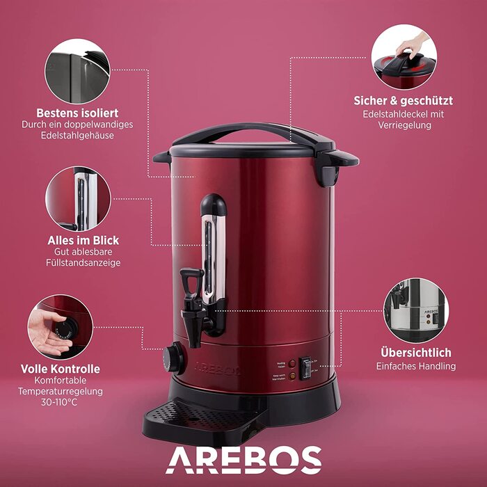 Електричний глінтвейнер Arebos 950 Вт | Дозатор гарячих напоїв, 6,8 л | З піддоном, краном, термостатом та захистом від перегріву | Регулювання температури 30-110°C
