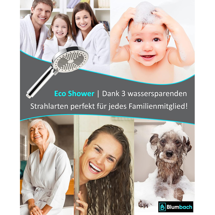 Економна душова лійка BLUMBACH® Aqua Joy: преміум душ з високим тиском, 8 режимів струменів, водоощадна ручна лійка для душу (6 л/хв)