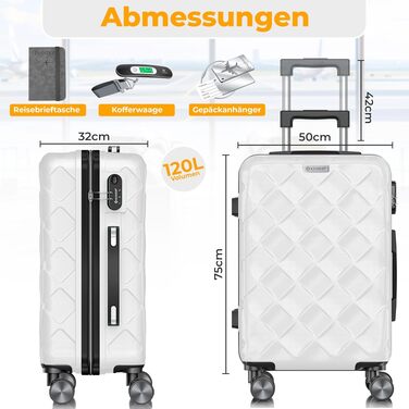 Валіза для подорожей KESSER 120Л, пластиковий корпус ABS, колір Snow White, 75 см, з кодовим замком, вагами та дорожнім гаманцем, 360° колеса, телескопічна ручка