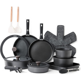 24-елементний набір каструль і сковорідок з антипригарним покриттям, знімною ручкою, для індукції, духовки та посудомийної машини, без ПФОК, чорний, здоровий посуд для кемпінгу та дому
