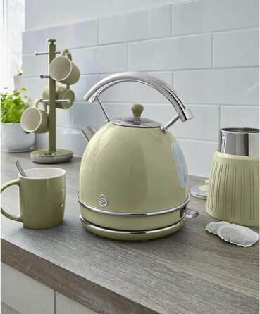 Електрочайник Swan Retro 1,8 л, вінтажний дизайн, 3000 Вт, автоматичне відключення, Strix контролер, бездротовий, BPA-free нержавійка, зелений