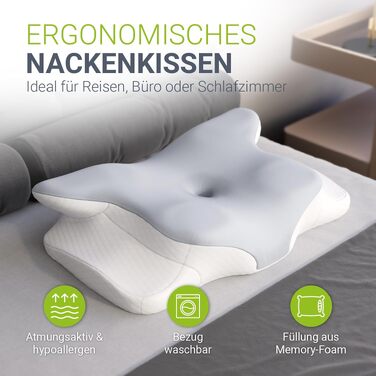 Подушка для шиї Juskys 2 шт. з Memory Foam, ергономічна, дихаючий чохол, для здорового сну - білий/сірий