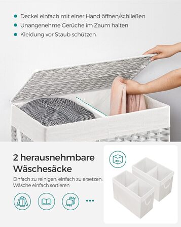 Кошик для білизни SONGMICS з кришкою, 130 л, 2 відділення, знімний мішок, ручки, ручне плетіння, для спальні та ванної, 33x66x60 см, білий