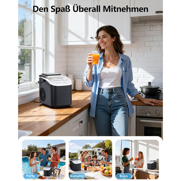 Льодогенератор портативний Klein Ice Maker 12 кг/24год, швидке виробництво льоду (8 кубиків за 6 хв), 2 розміри кубиків, самоочищення для дому, кухні, кемпінгу, вечірок