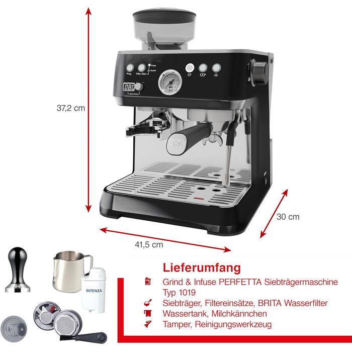 Кавомашина Solis Grind & Infuse Perfetta 1019 з вбудованою кавомолкою та функцією приготування еспресо, капучино та гарячої води (чорна)