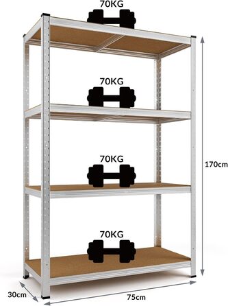 Стелаж металевий Monzana 170x75x30 см, 280 кг, 4 полиці з МДФ, для складу, гаража, майстерні, сріблястий