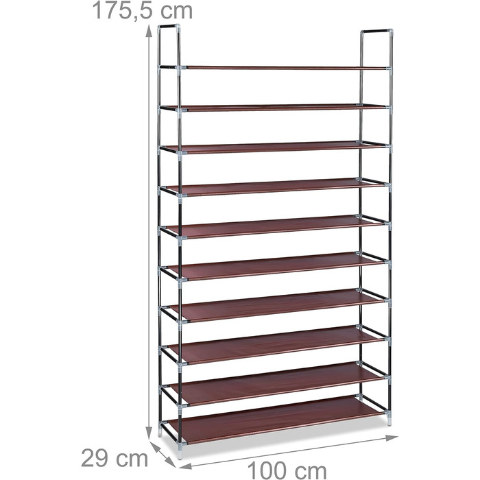 Стелаж для взуття Relaxdays з тканини, 10 ярусів, 175,5x100x29 см, для 50 пар, бордовий, збірний, XXL