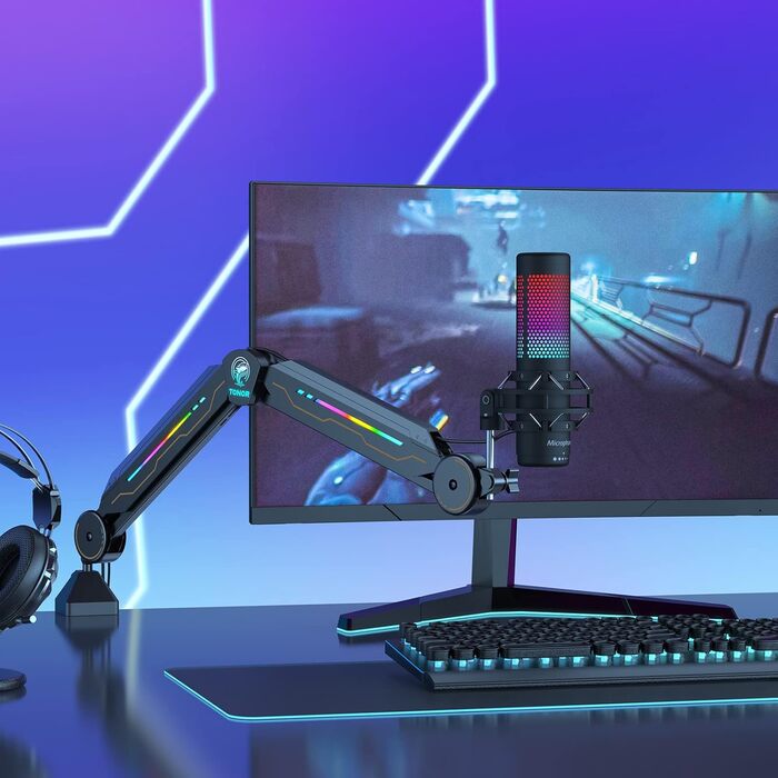 Мікрофон геймерський TONOR з RGB підсвіткою та тримачем - регульований мікрофонний кронштейн T90 з 11 ефектами для стрімінгу