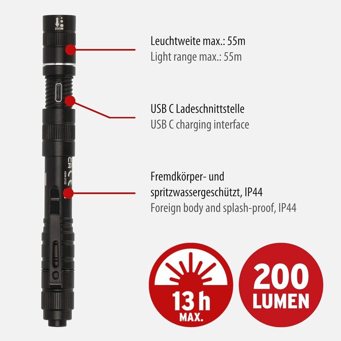 Ліхтарик акумуляторний Brennenstuhl LuxPremium TL 210 AF з LED Osram, 200 люмен, до 13 годин роботи, 55 м, захист IP44