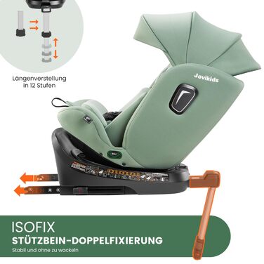 Дитяче автокрісло Jovikids 360° з ISOFIX, i-Size 40-150 см, від народження до 12 років, з функцією обертання, лежачим режимом, знімним козирком, стандарт ECE R129, зелений