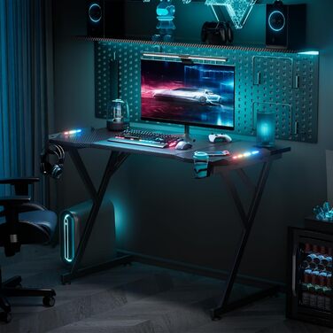 Ігровий стіл HLONONE 120x60 см з LED-підсвіткою, карбонове покриття, тримач для напоїв і навушників, чорний