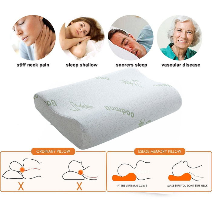 Подушка ортопедична з піни Memory Foam для глибокого сну, бамбукова, біла, гіпоалергенна, знімний чохол