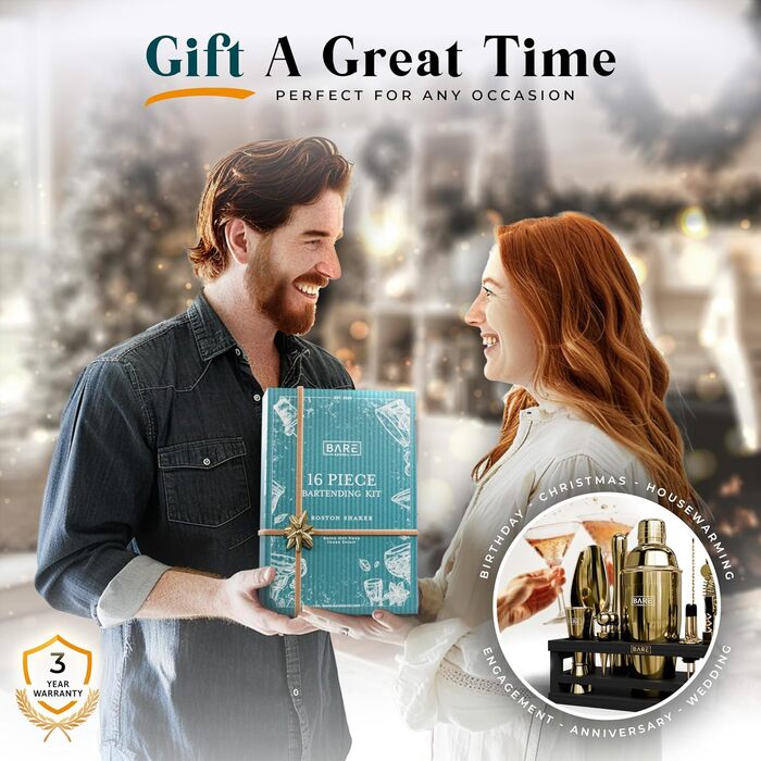Набір для коктейлів BARE BARREL Mixology Barkeeper Set, 16 предметів, з коблер-шейкером 24oz та 35 картками рецептів, золотий/чорний