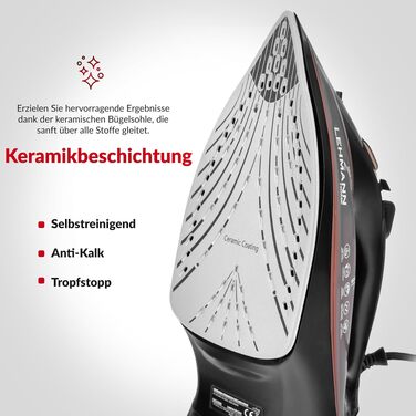 Паровий прас LEHMANN 3000 Вт з керамічною підошвою, потужний паровий удар 140 г, вертикальне прасування, автовимкнення, антикальцинатор, чорний/розе-золото