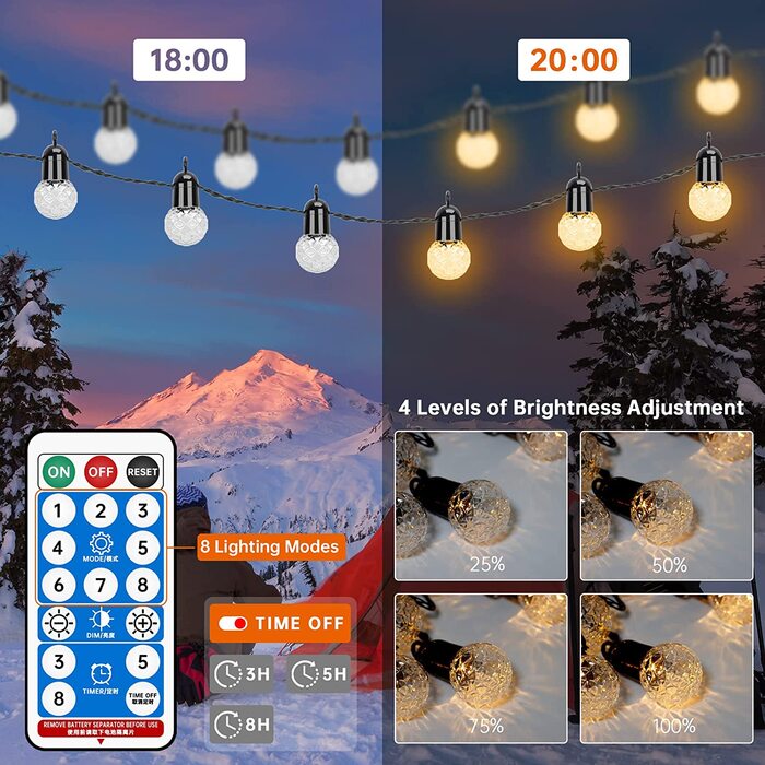 Сонячна гірлянда Aogled G40, 15,5 м, 25 LED, тепле біле світло 2700K, з пультом, для декору в приміщенні та на вулиці