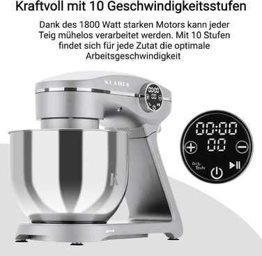 Кухонний комбайн KLAMER 1800W — планетарний міксер для тіста з чашею з нержавіючої сталі 6л, 10 швидкостей, таймером та набором насадок (гак, вінчик, міксер), сріблястий