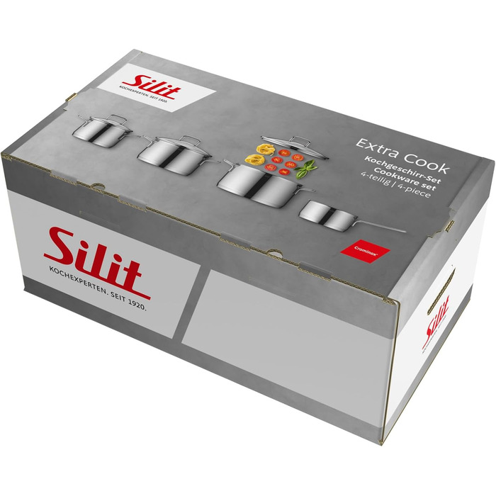Набір кухонного посуду Silit Extra Cook 4-елементний: каструлі 16/20/24 см з кришкою, ковшик 16 см, внутрішня мірка, широке вушко, придатний для миття в посудомийній машині, з нержавіючої сталі Crominox
