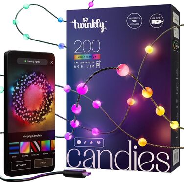 Гірлянда Twinkly Strings Pearls 200 LED, перлинна форма, RGB, багатокольорова, сумісна з Alexa та Google Home, для геймінгу, USB-C, зелений кабель, 2 x 6 м