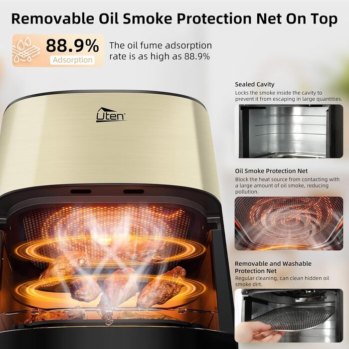 Електрична аерофритюрниця Uten Dual Blaze 2000 Вт, 5,5 л, 14 програм, без олії, із віконцем, золота, квадратна