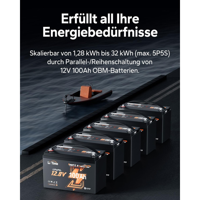 LiFePO4 акумулятор LiTime 12V 100Ah з Bluetooth для кемпінгу, житлових будинків та електромоторів човнів