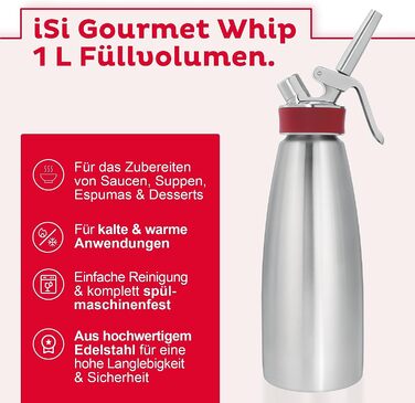 Сифон iSi Gourmet Whip 1 л з 6 наборами капсул, нержавіючі насадки, лійка, сито, кришка – для збивання вершків, супів, мусів і десертів, 100% нержавійка