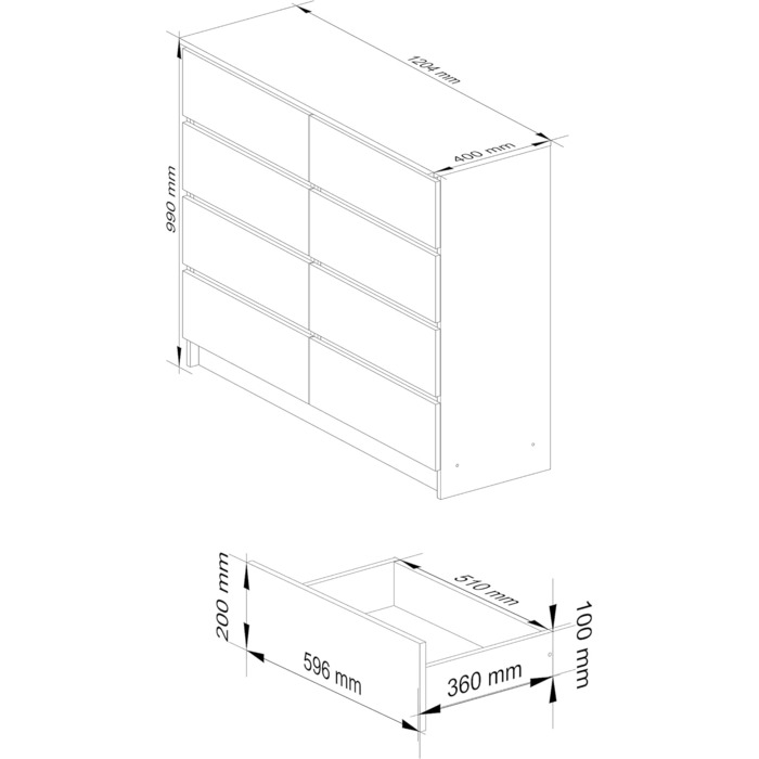 Комод AKORD K-120 з 8 шухлядами, білий глянець, 120x99x40 см, для вітальні, спальні, офісу, сучасний дизайн