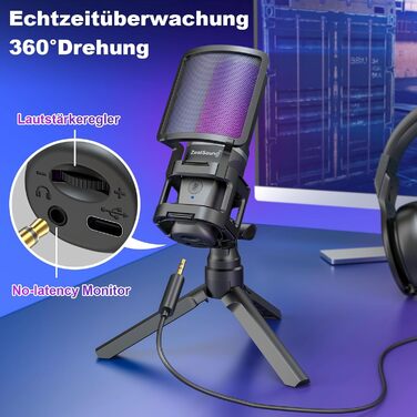 Ігровий USB-мікрофон Zealsound для ПК, стрімінгу, подкастів, студії, з адаптером Type-C, RGB-підсвіткою, кнопкою вимкнення звуку, штативом, поп-фільтром, антивібраційним кріпленням і виходом для навушників, сумісний з PS4, PS5, Mac, смартфонами