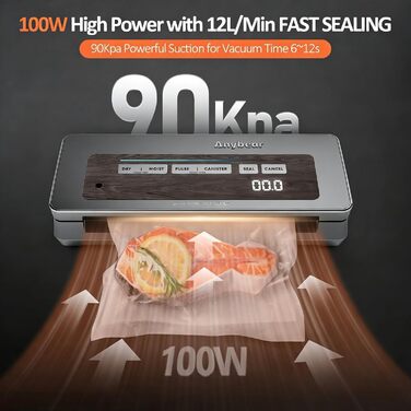 Вакууматор для продуктів з вбудованим різаком, 100 Вт, 90 кПа, цифровий таймер та відсіком для пакетів, сірий