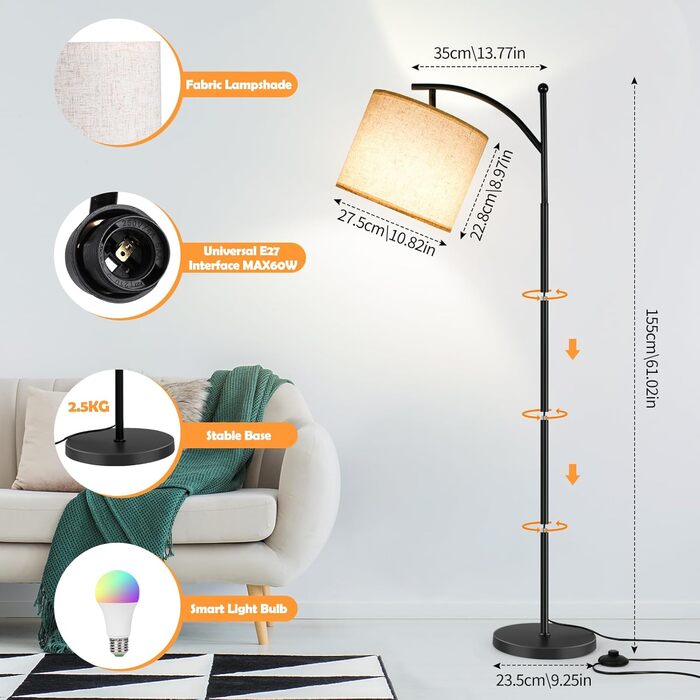 LED торшер Euakee для вітальні, WiFi RGBCW, диммований, сумісний з Alexa та Google Home, сучасна аркова лампа з додатком і пультом, 156 см, 9 Вт