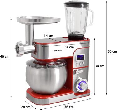 Кухонна машина Syntrox Kagus 6 л, м'ясорубка, 1300 Вт, нержавіюча сталь, червона, LED-дисплей, таймер, насадки для тіста та збивання