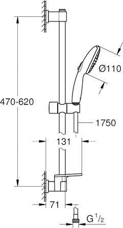 Набір для душу GROHE Vitalio 110, хром, 14 л/хв, 60 см (душова стійка, лійка з 2 струменями, шланг 1.75 м)