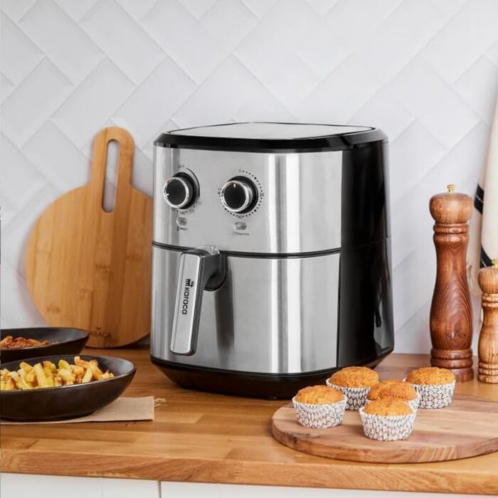 Фритюрниця Karaca Multifry Inox 1700 Вт XL 5,5 л, подвійна, антипригарне покриття, без запаху, циркуляція повітря, регулювання температури та часу