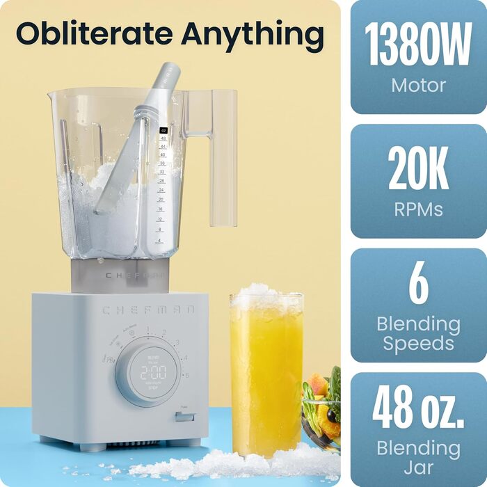 Блендер стаціонарний Chefman Obliterator 1.2л, 1380 Вт, для смузі, льоду, горіхів, з нержавіючою сталлю, Автоматичний режим, з контейнером 600 мл для подорожей, сірий бетоновий