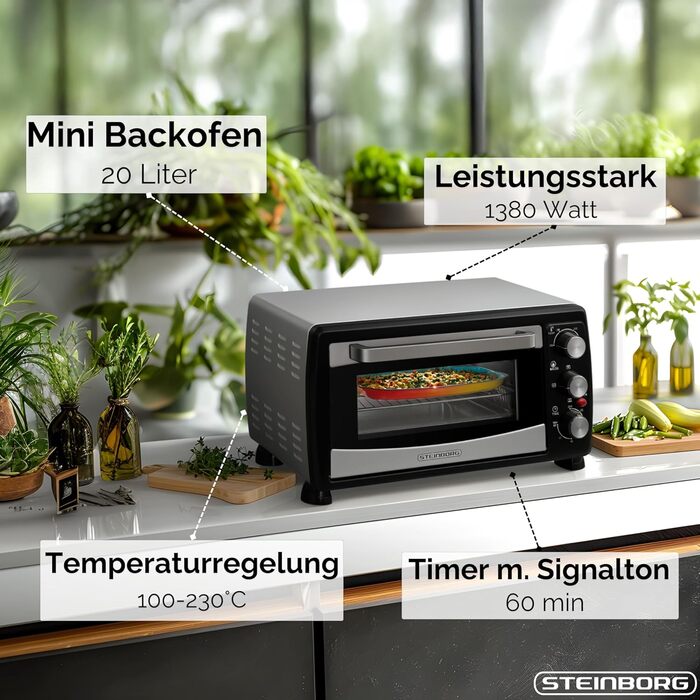 Міні-піч Steinborg® з конвекцією 20 літрів: піч для піци, крихти, конвекція, верхнє та нижнє нагрівання, 1400 Вт, таймер, для кемпінгу або дому