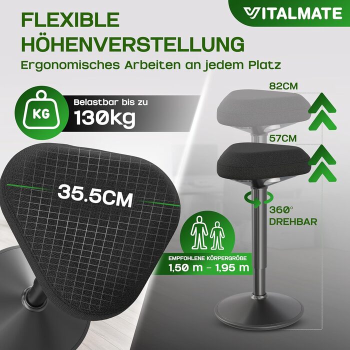 Офісний стілець VITALMATE з регулюванням висоти та неслизьким покриттям - стілець-покрутка для офісу та дому - регульований стійкий стілець для роботи - стійка для стоячи - чорний офісний стілець